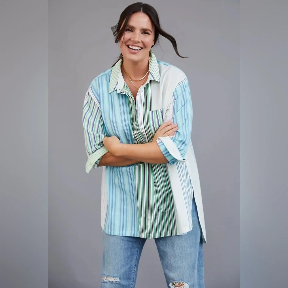 Anthropologie Maeve Women’s Small Alix Henley Blouse 1/2 Button Down Stripes